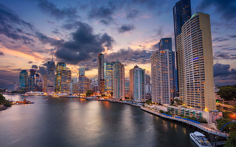 HD wallpaper queensland skyscrapers sunset cityscape australia brisbane river city line 1